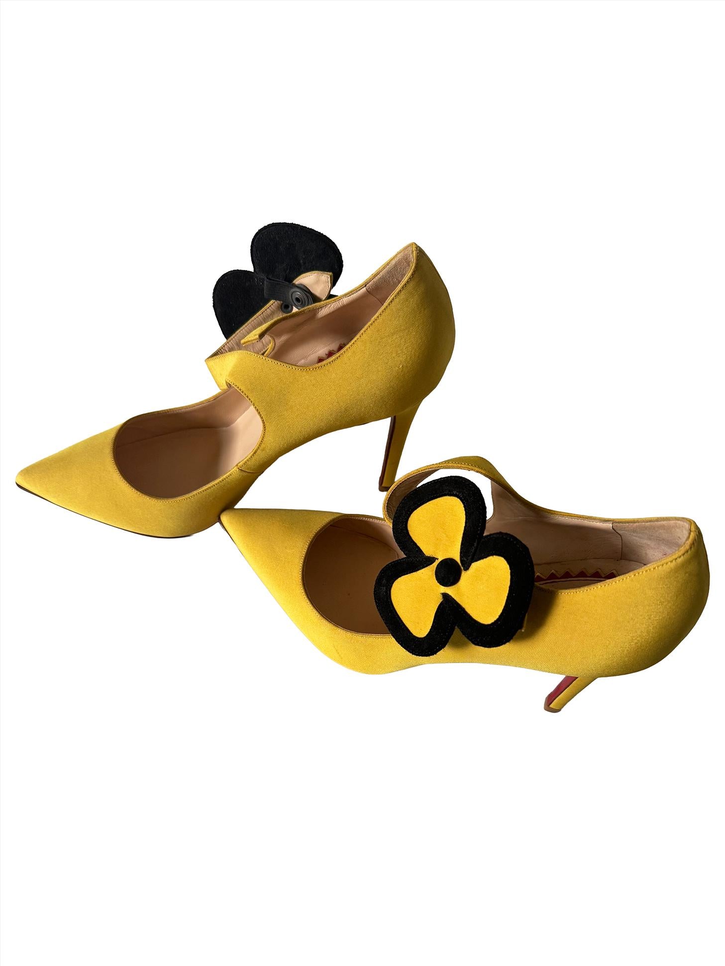 Christian Louboutin 20th Anniversary Yellow Silk And Suede Pensee 100 Mary Jane Pumps