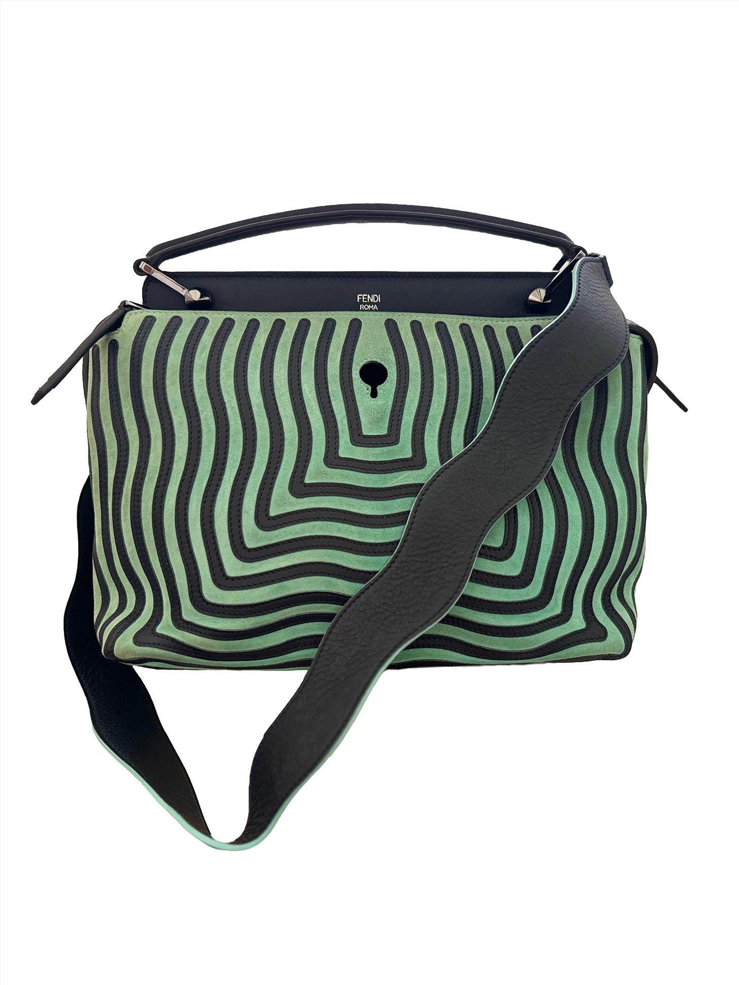 Fendi Mint Green/Black Leather And Suede Wave Dotcom Top Handle Bag