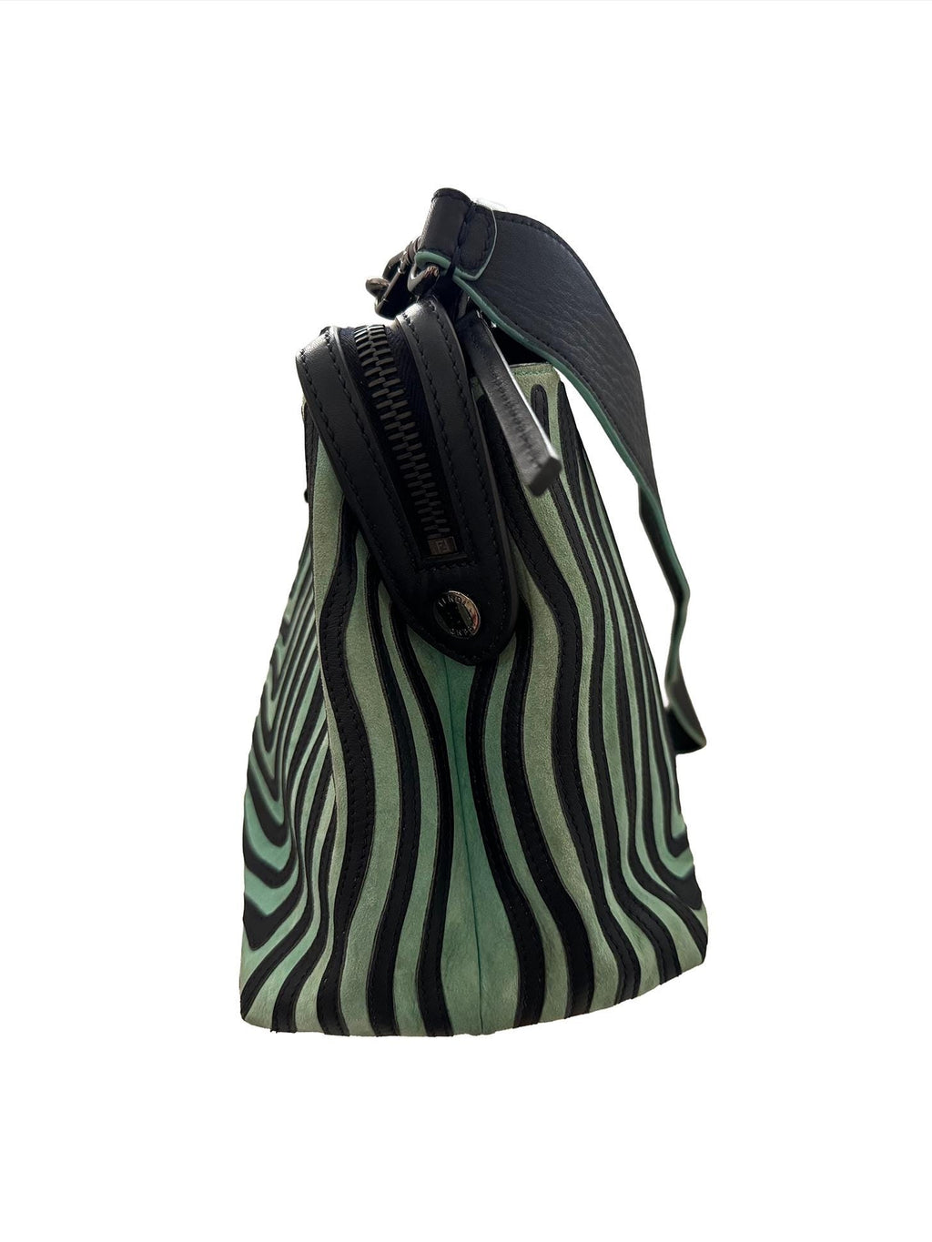 Fendi Mint Green/Black Leather And Suede Wave Dotcom Top Handle Bag