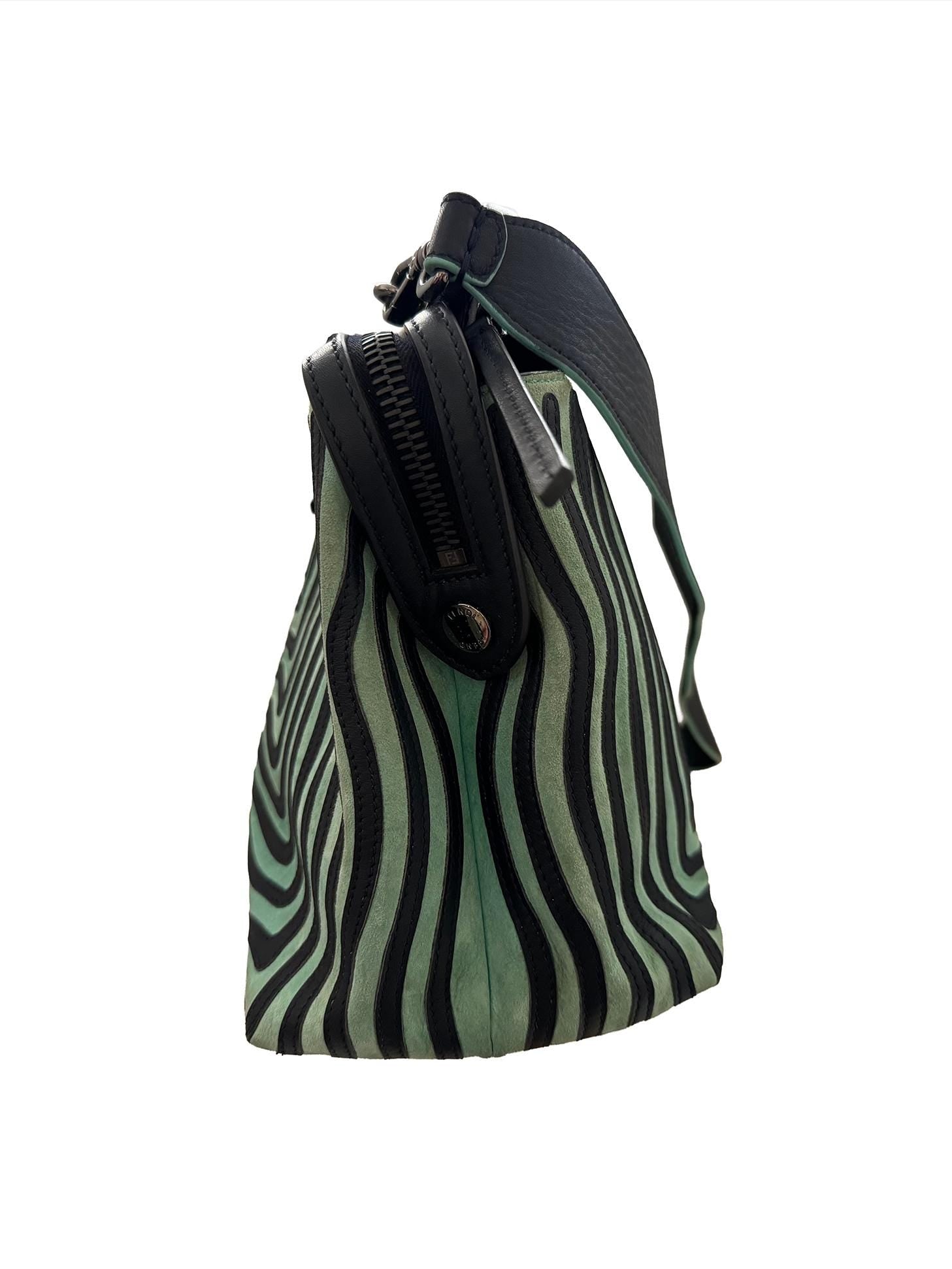 Fendi Mint Green/Black Leather And Suede Wave Dotcom Top Handle Bag
