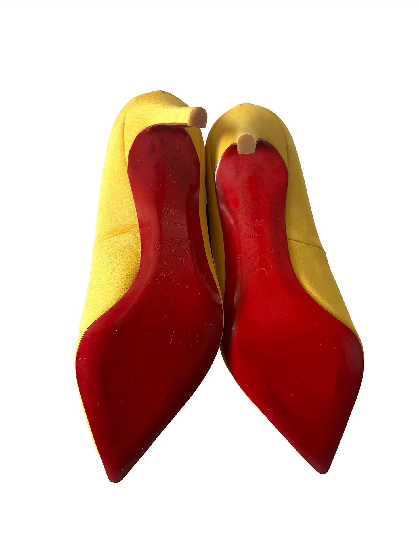 Christian Louboutin 20th Anniversary Yellow Silk And Suede Pensee 100 Mary Jane Pumps