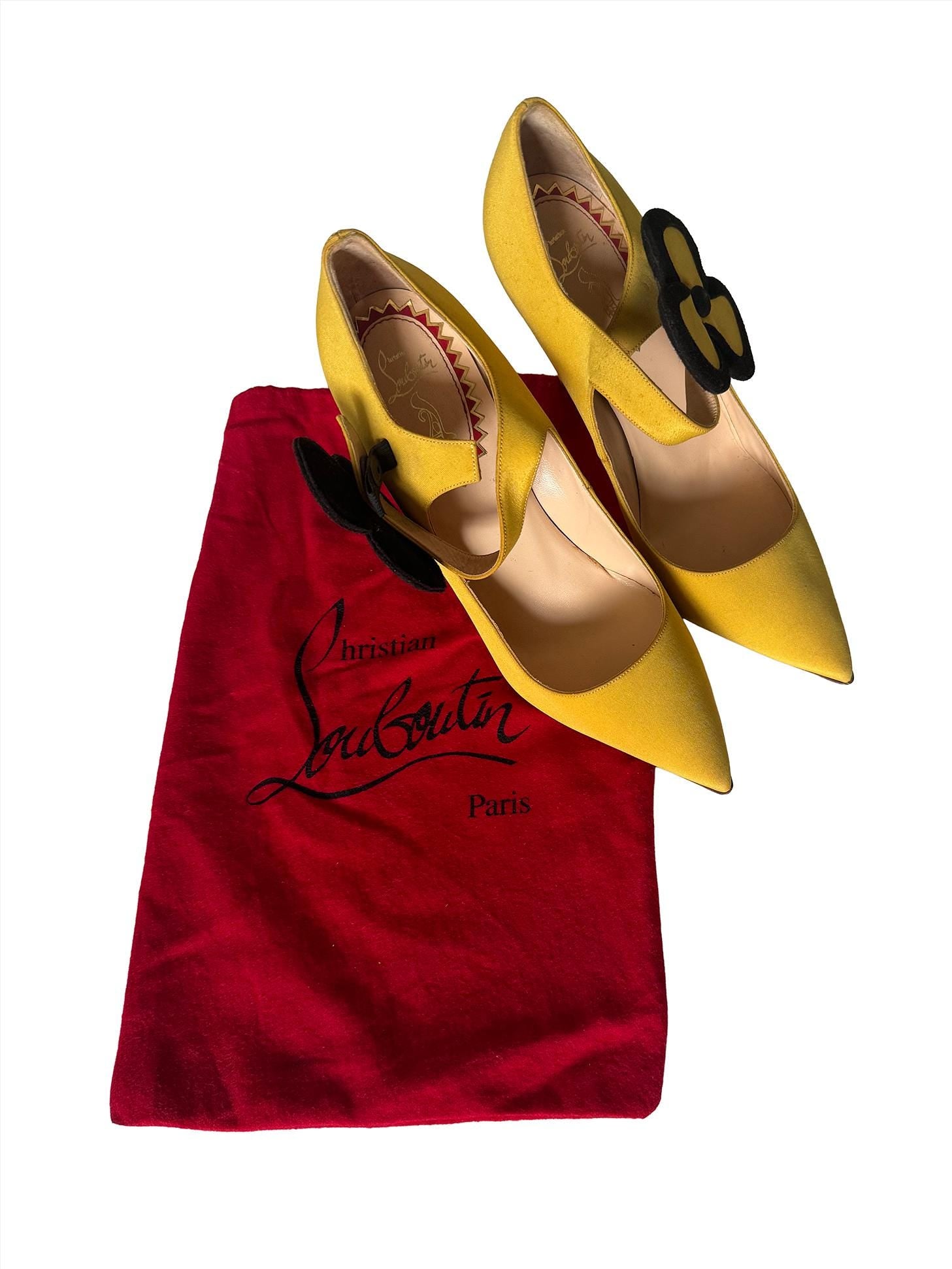 Christian Louboutin 20th Anniversary Yellow Silk And Suede Pensee 100 Mary Jane Pumps
