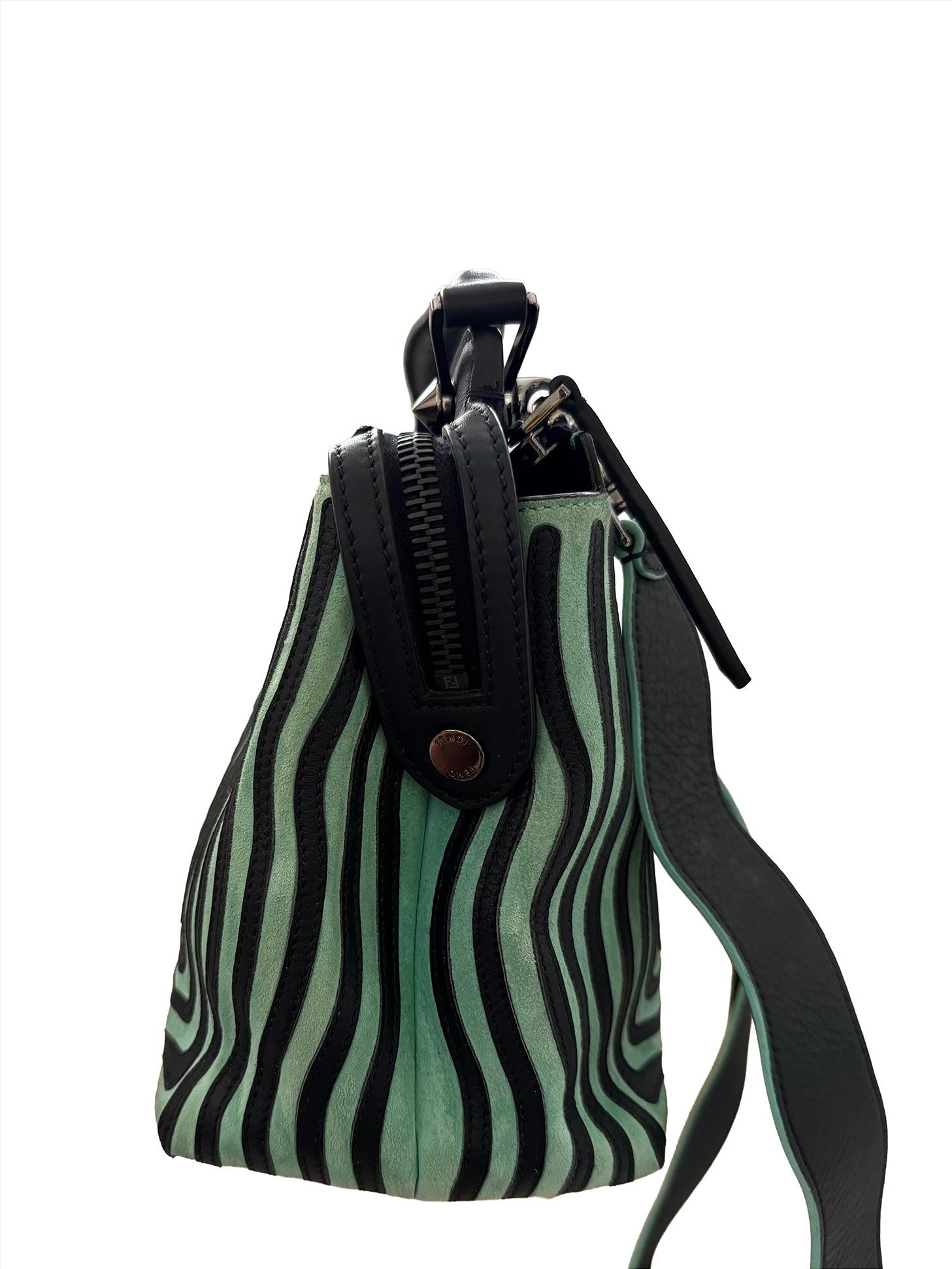 Fendi Mint Green/Black Leather And Suede Wave Dotcom Top Handle Bag