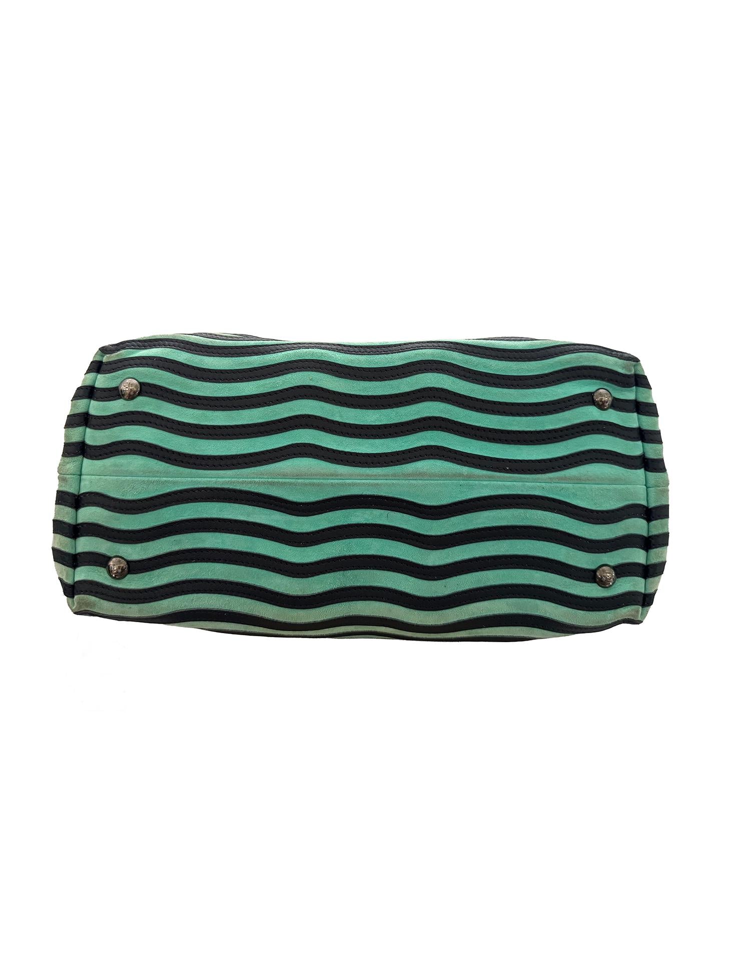 Fendi Mint Green/Black Leather And Suede Wave Dotcom Top Handle Bag