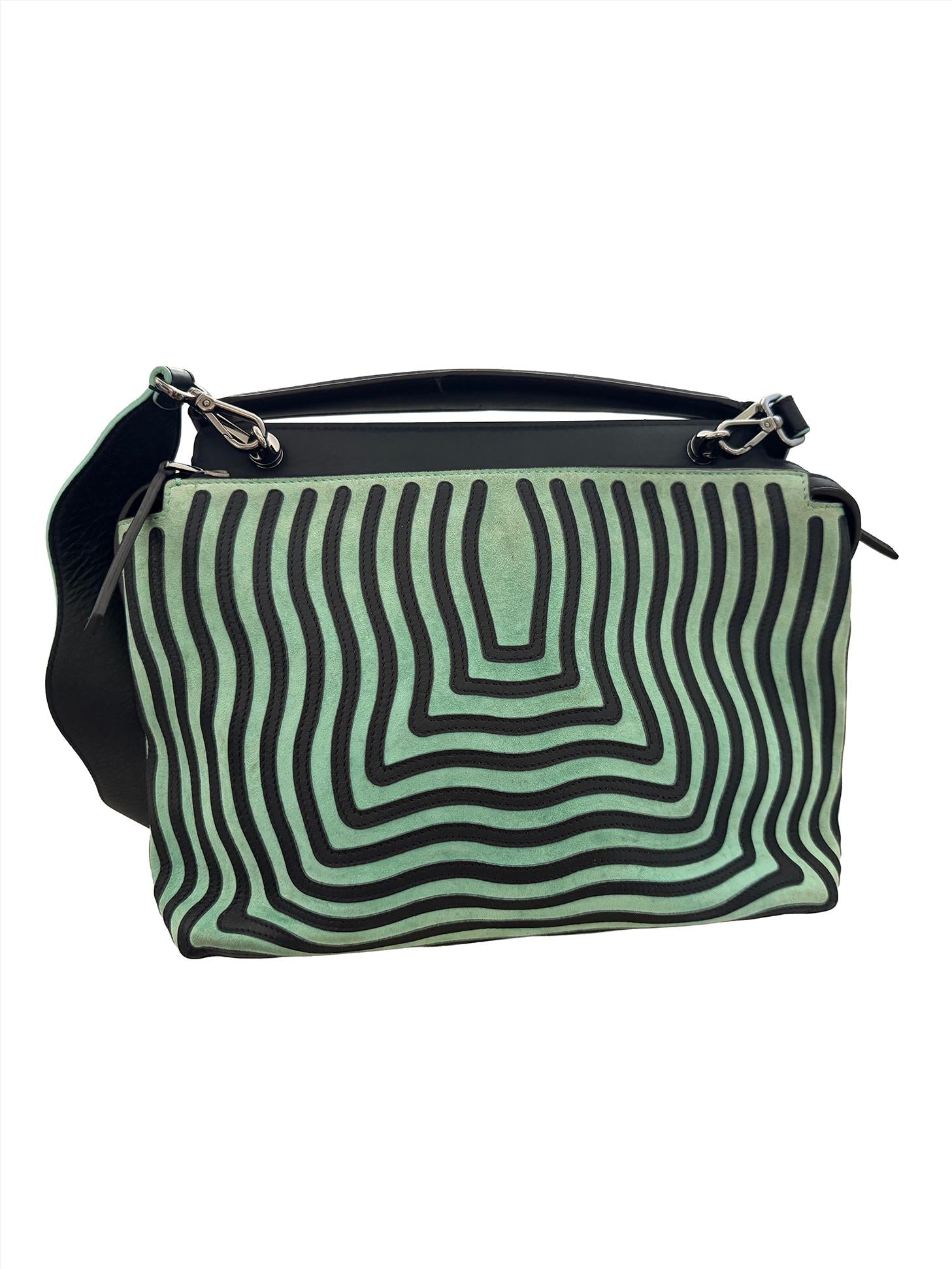 Fendi Mint Green/Black Leather And Suede Wave Dotcom Top Handle Bag