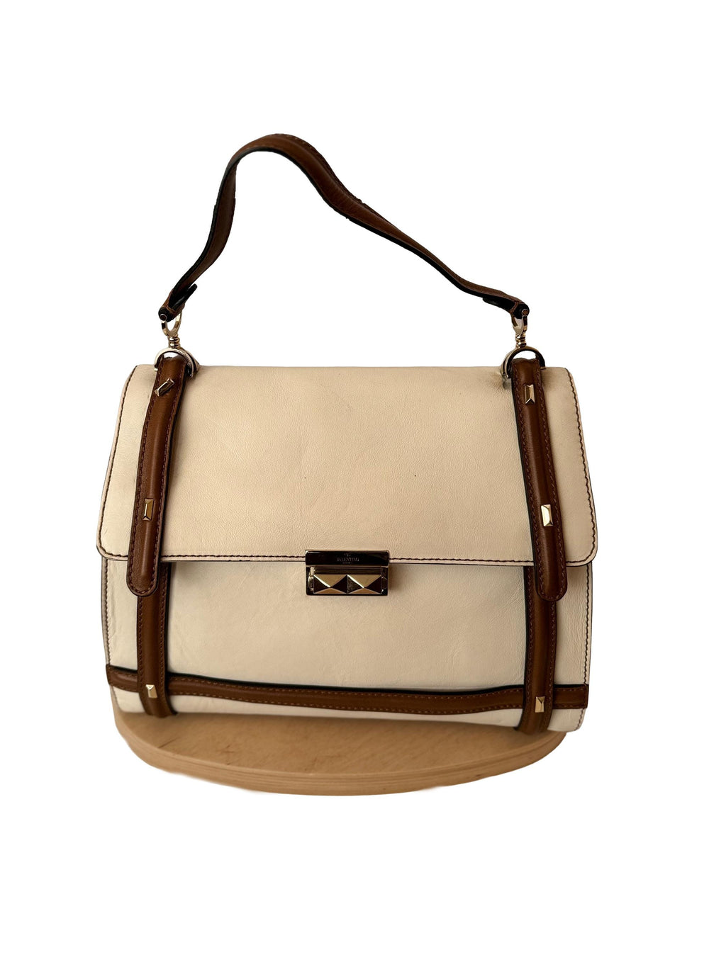 Valentino Garavani White and Brown Satchel Bag