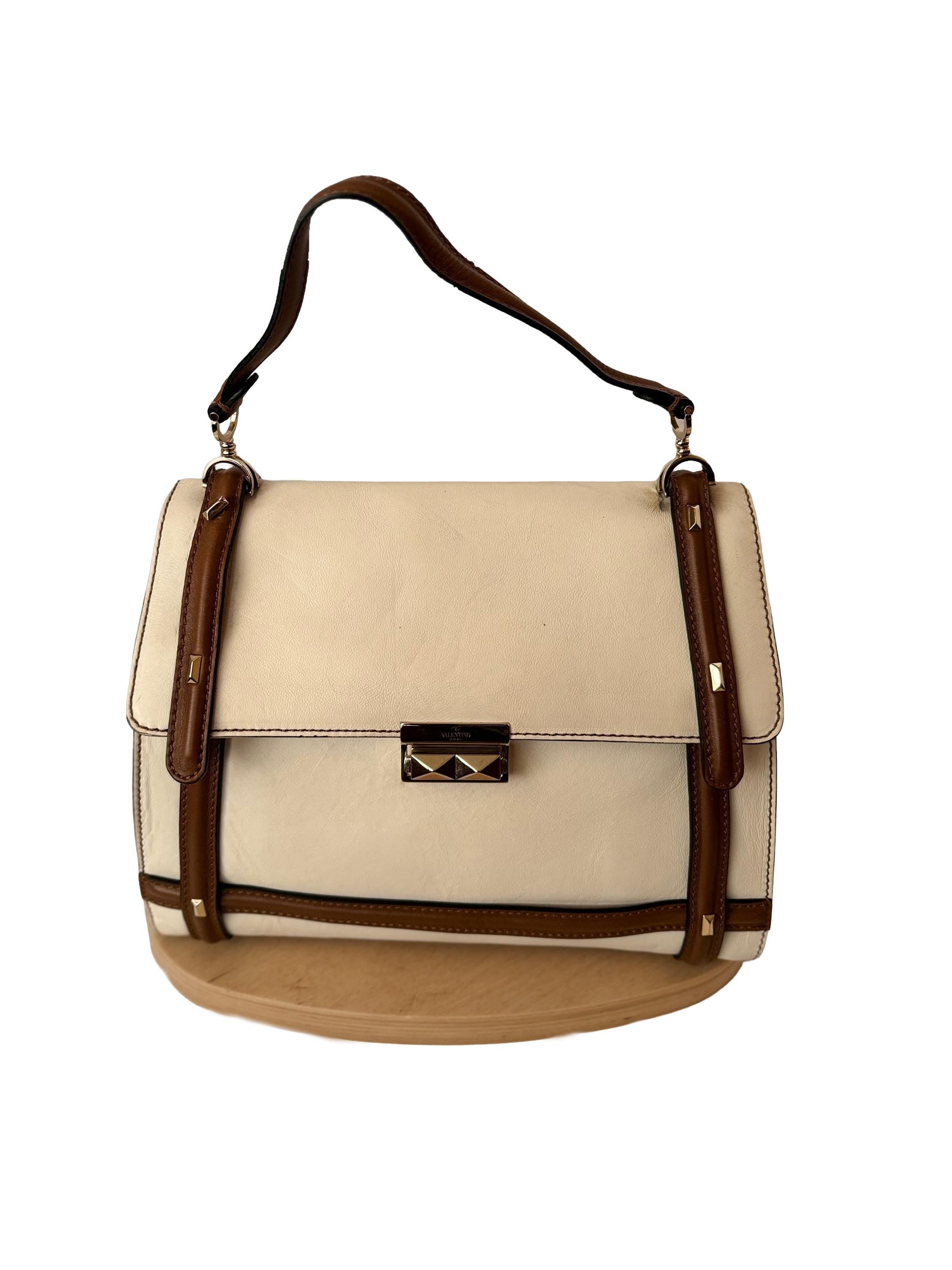 Valentino Garavani White and Brown Satchel Bag
