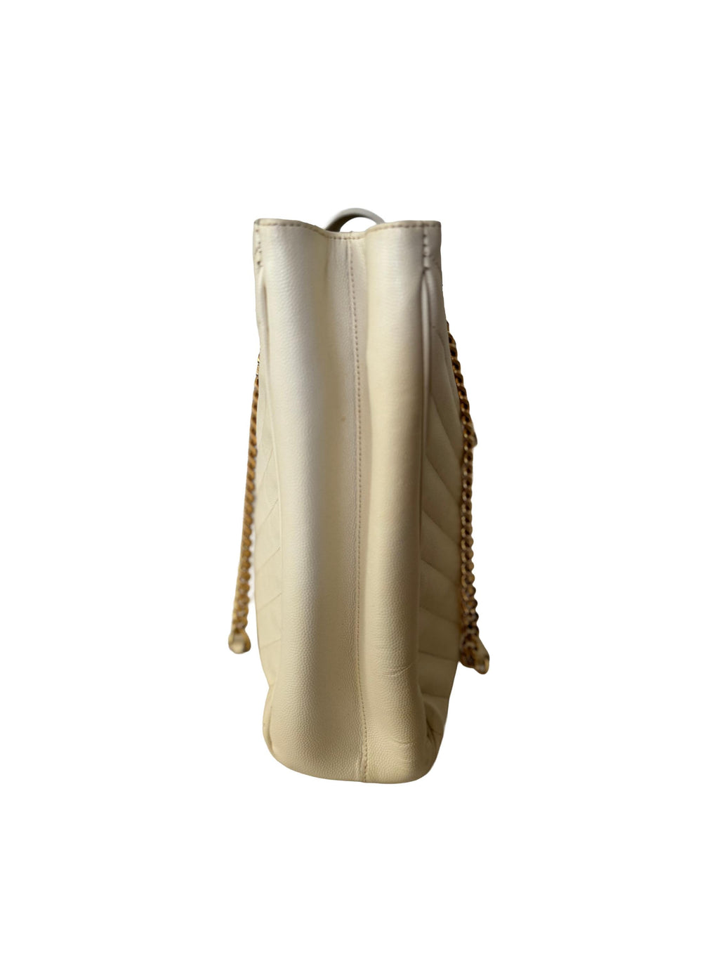 Saint Laurent Monogram Shopping Bag "Grain De Poudre Matelasse Chevron Tote" White