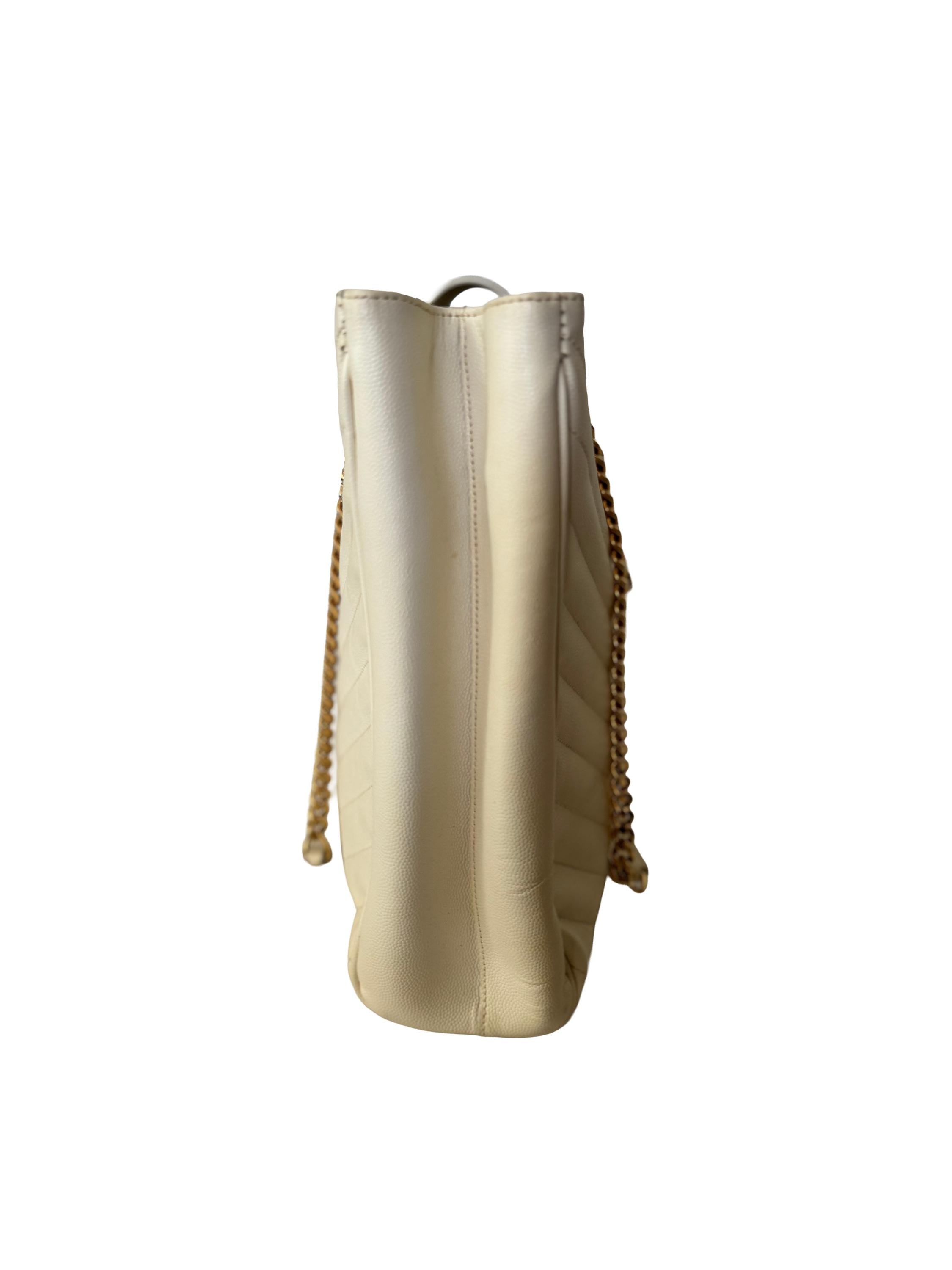 Saint Laurent Monogram Shopping Bag "Grain De Poudre Matelasse Chevron Tote" White