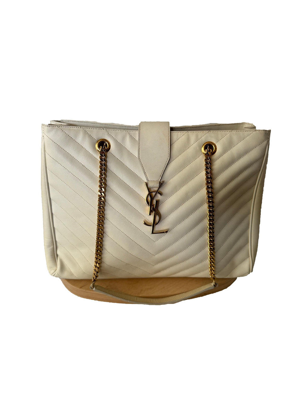 Saint Laurent Monogram Shopping Bag "Grain De Poudre Matelasse Chevron Tote" White