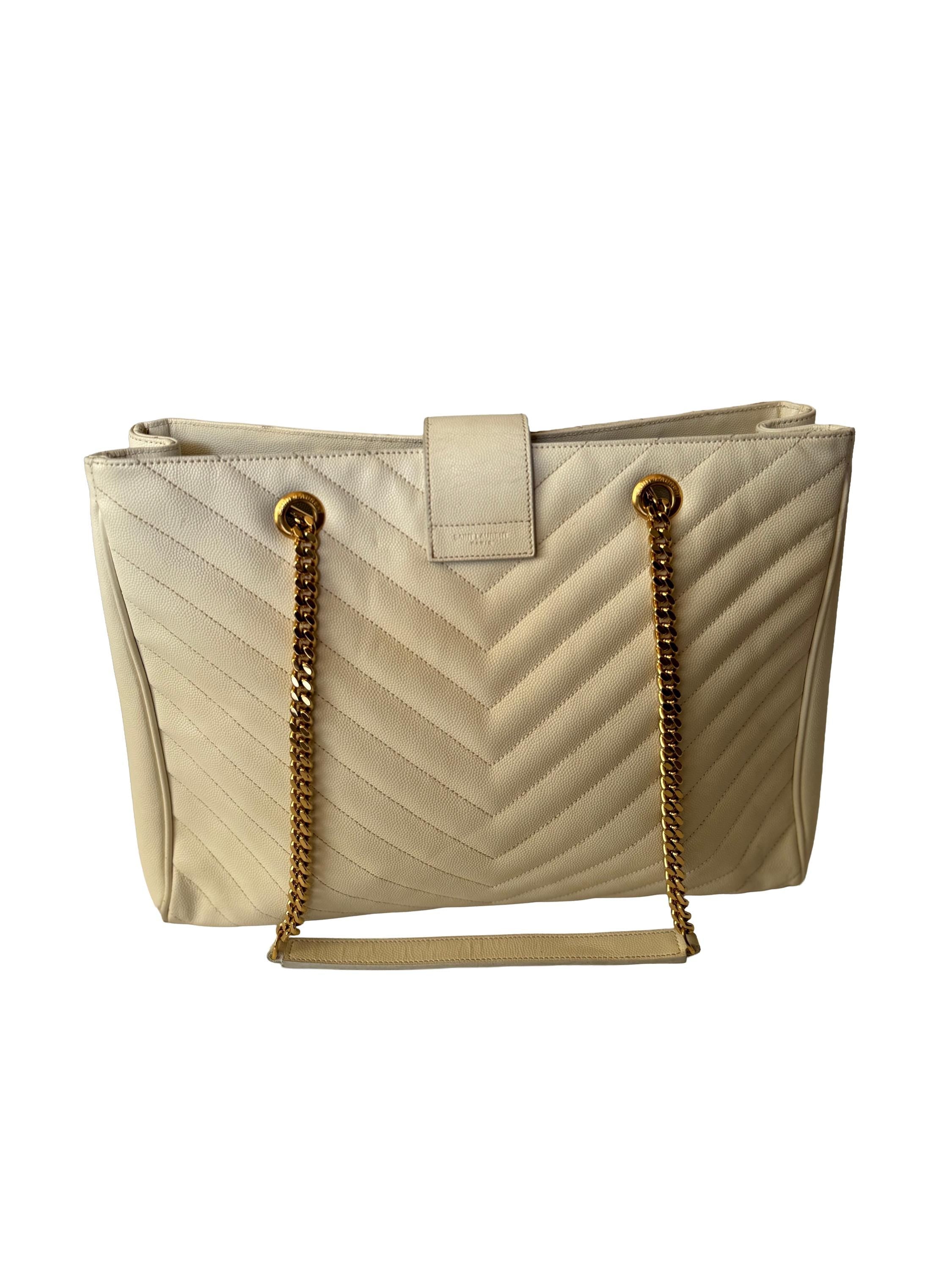 Saint Laurent Monogram Shopping Bag "Grain De Poudre Matelasse Chevron Tote" White