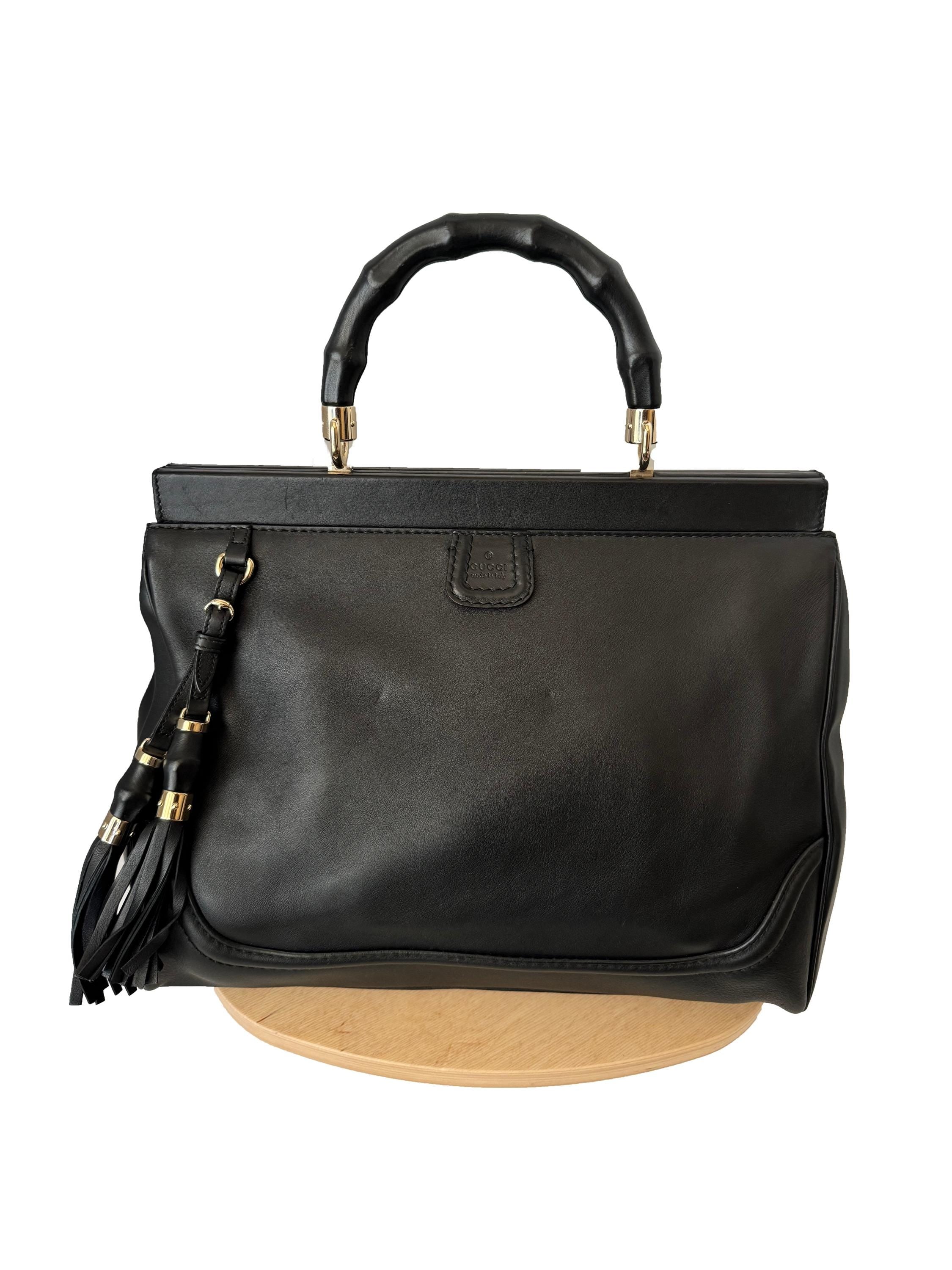 Gucci Black Leather Bamboo Bold Top Handle Bag