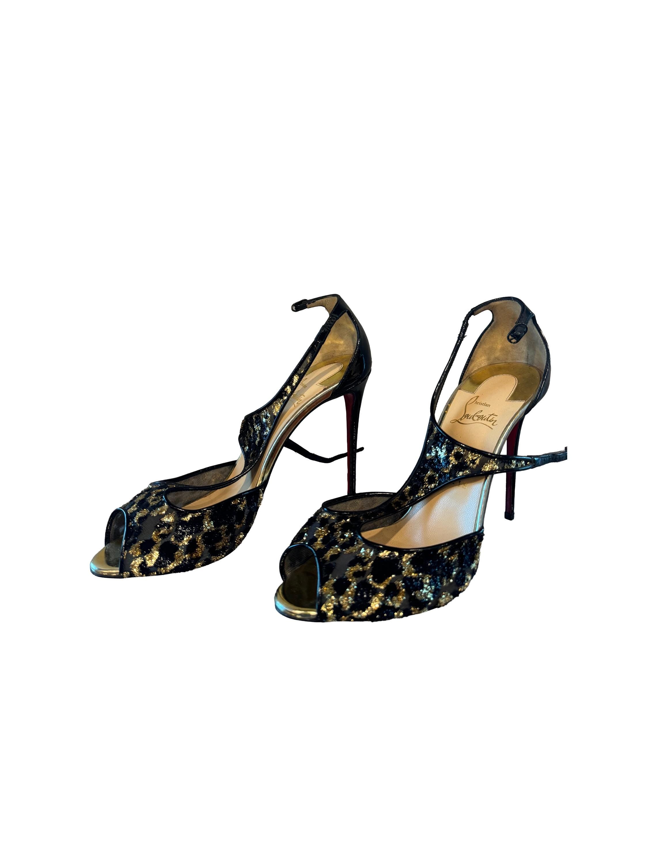 Christian Louboutin Tiny 100 Leopard Chiefon/Patent Spec Gold/Black