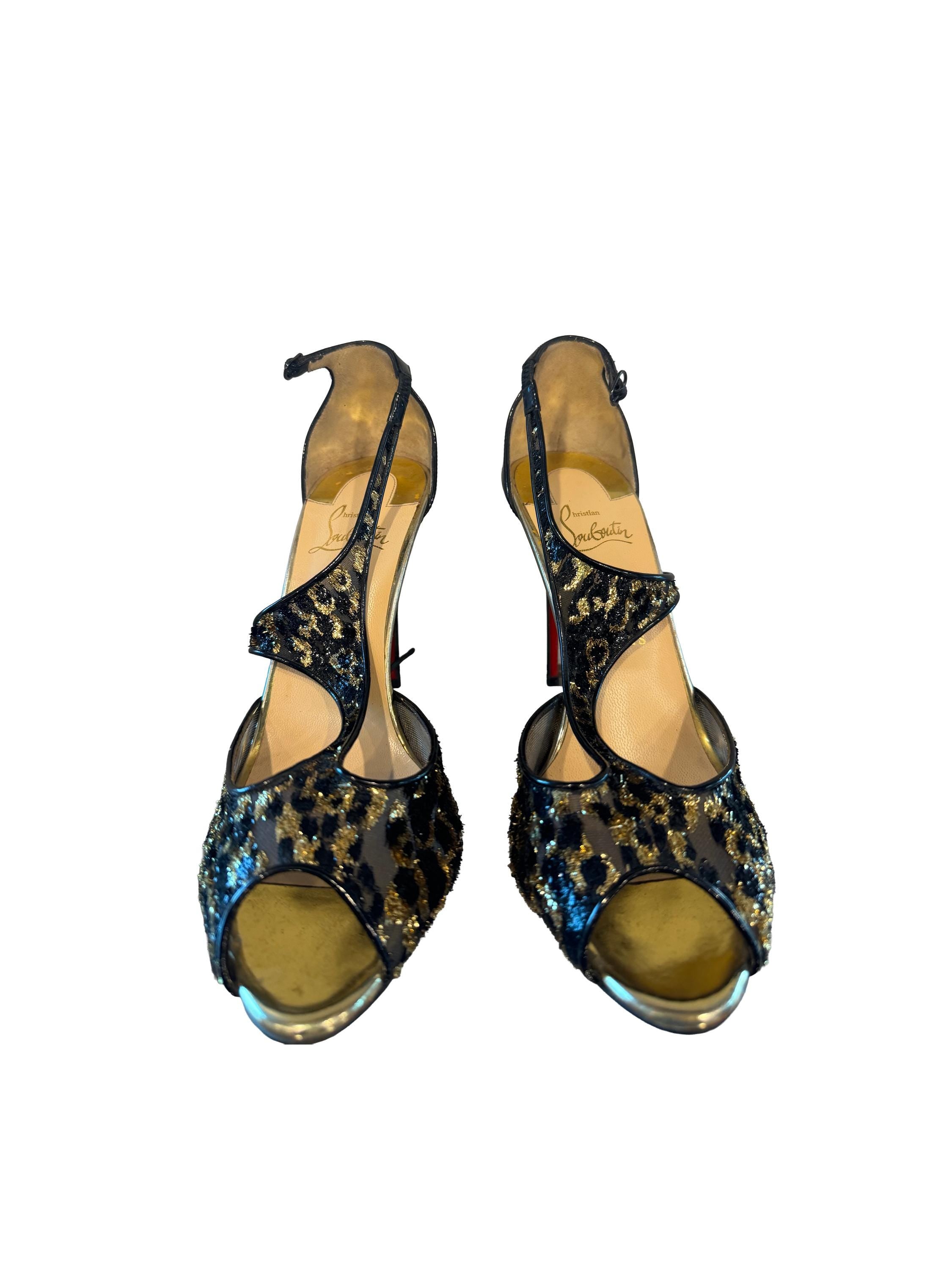 Christian Louboutin Tiny 100 Leopard Chiefon/Patent Spec Gold/Black