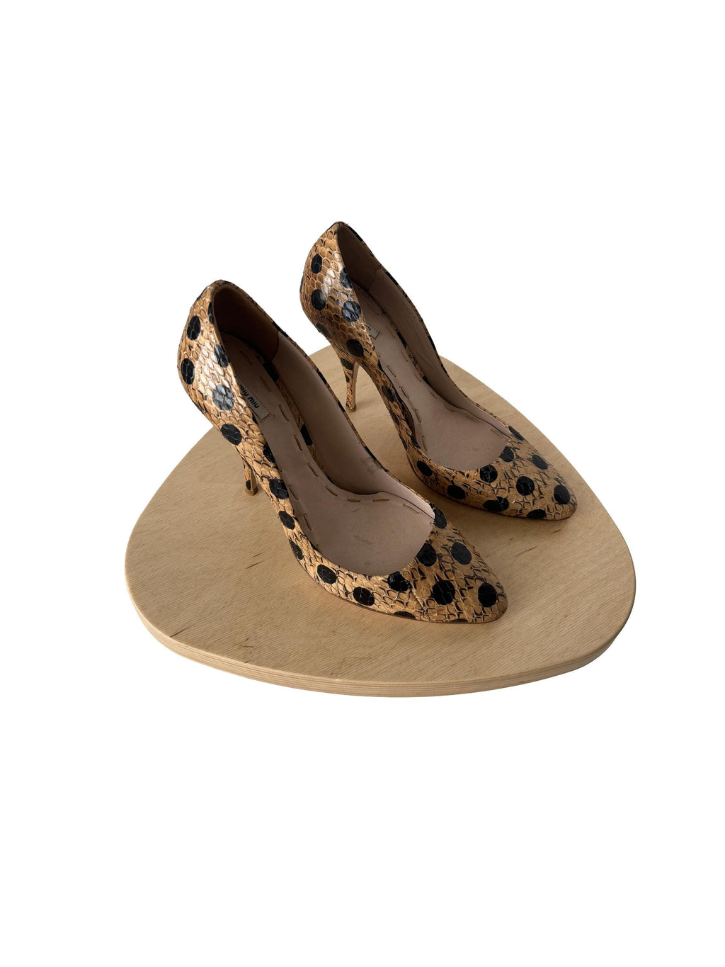 Miu Miu Beige and Black Polkadot Snakeskin Heels