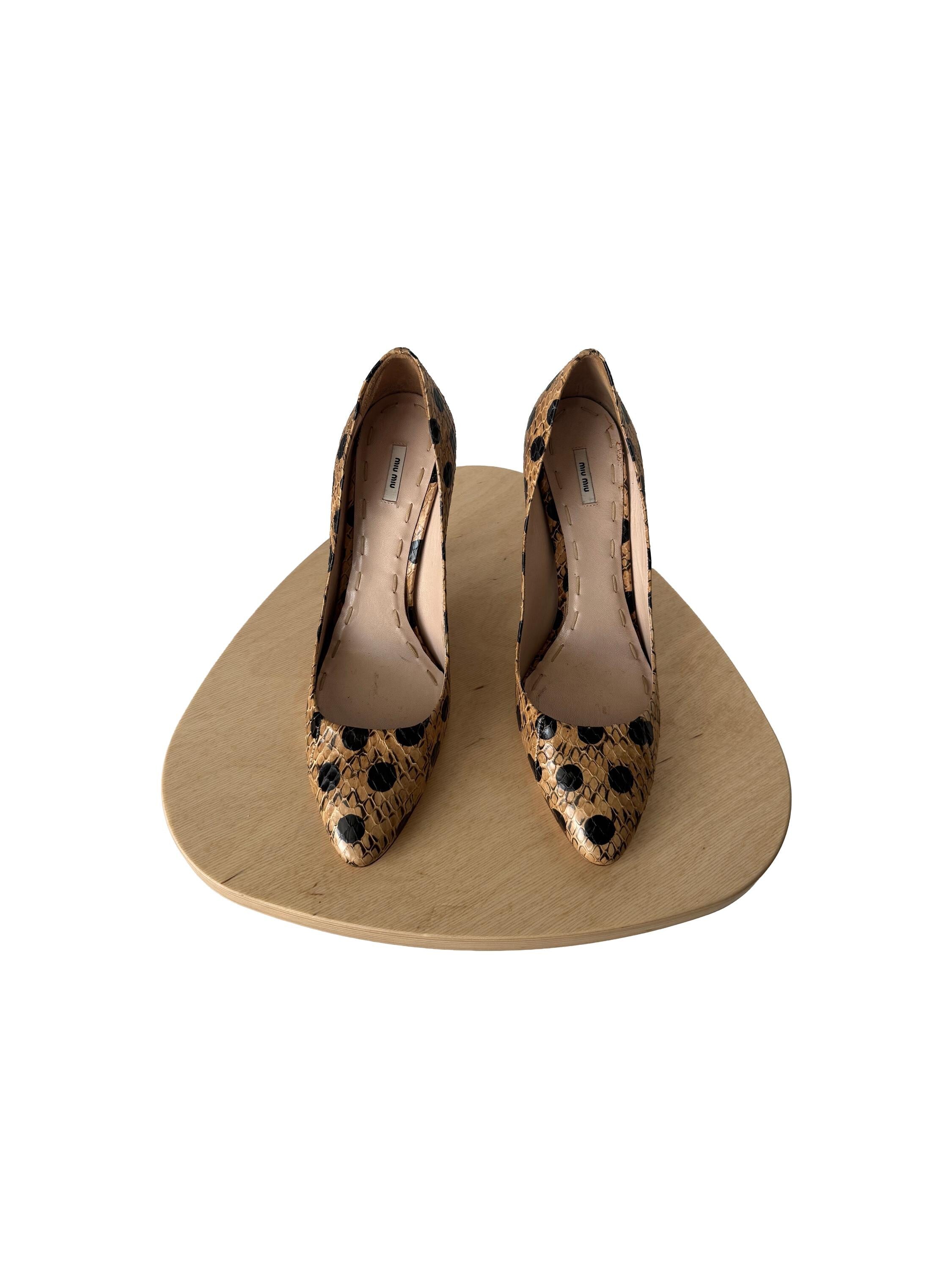 Miu Miu Beige and Black Polkadot Snakeskin Heels