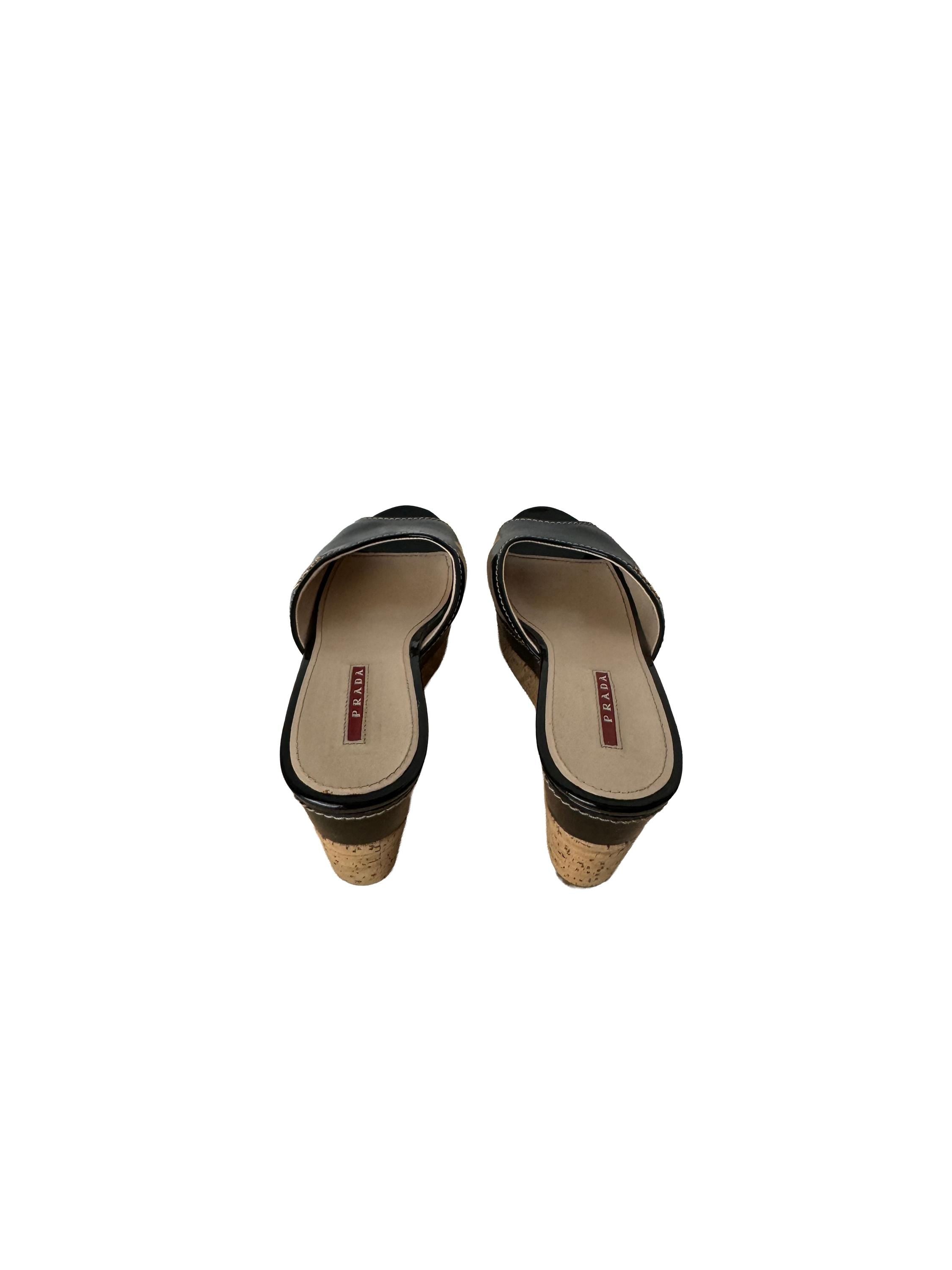 Prada Sport Black Patent Leather Cork Platform Wedge Slide Sandals