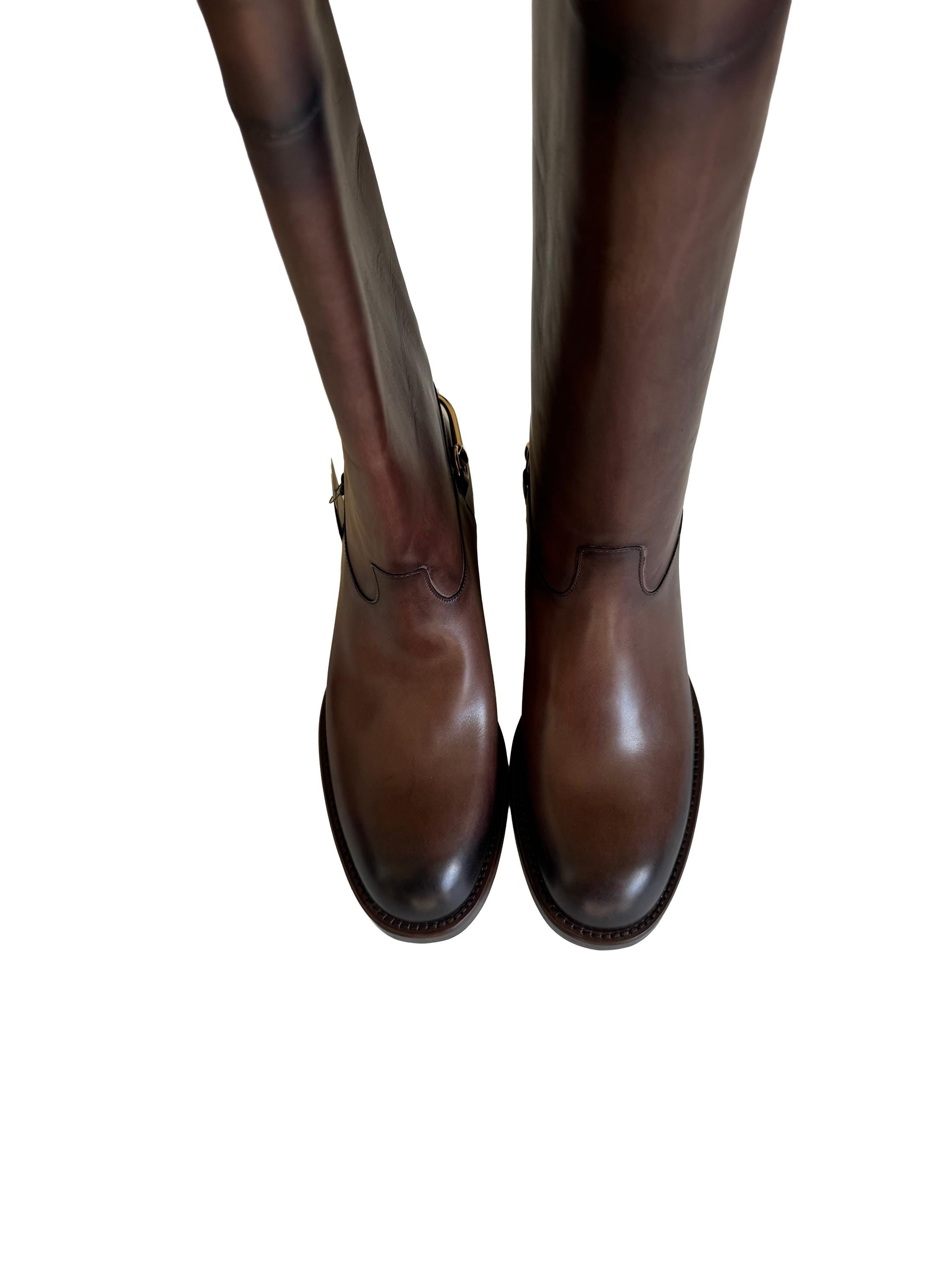 Gucci Horsebit Knee-High Riding Boots Brown
