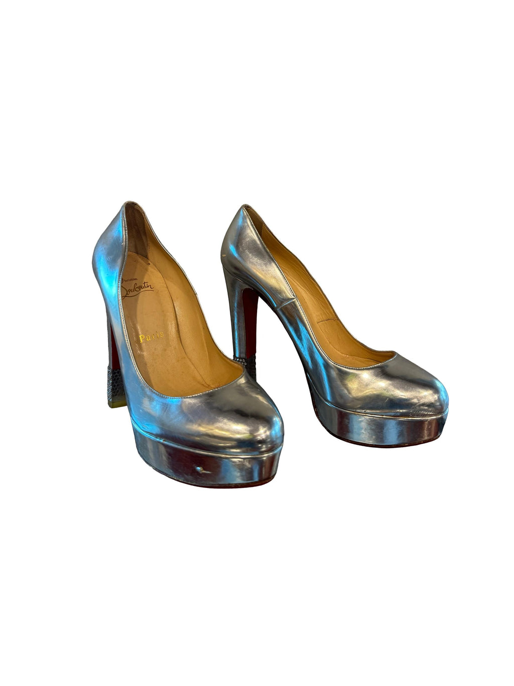 Christian Louboutin Silver Patent Filter Platform Pumps