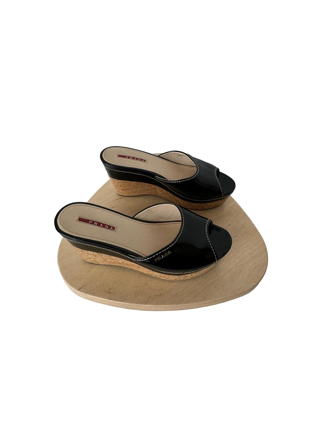 Prada Sport Black Patent Leather Cork Platform Wedge Slide Sandals