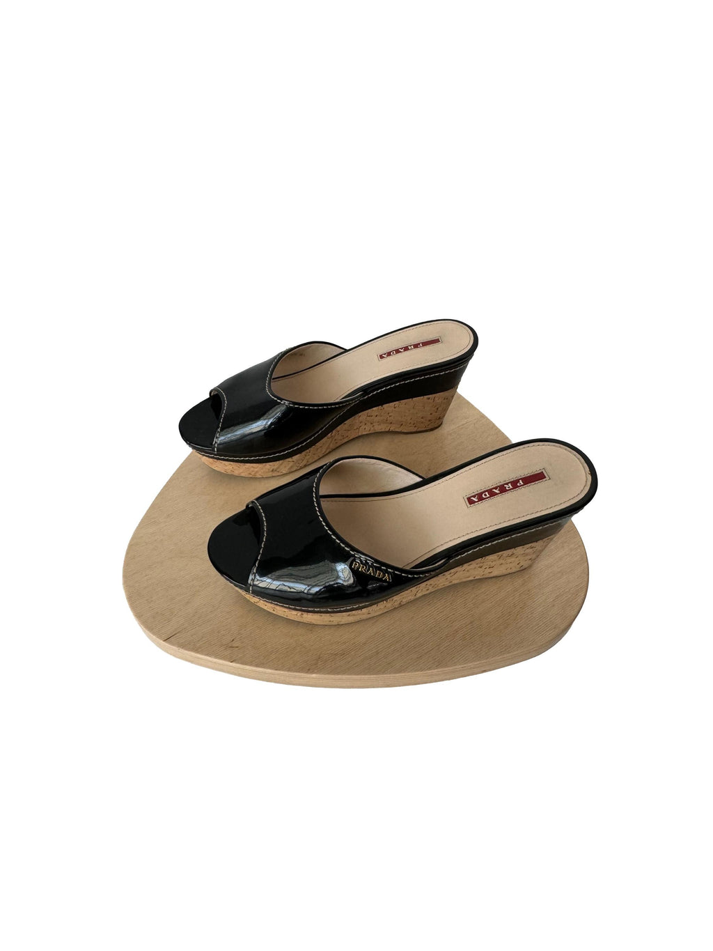 Prada Sport Black Patent Leather Cork Platform Wedge Slide Sandals