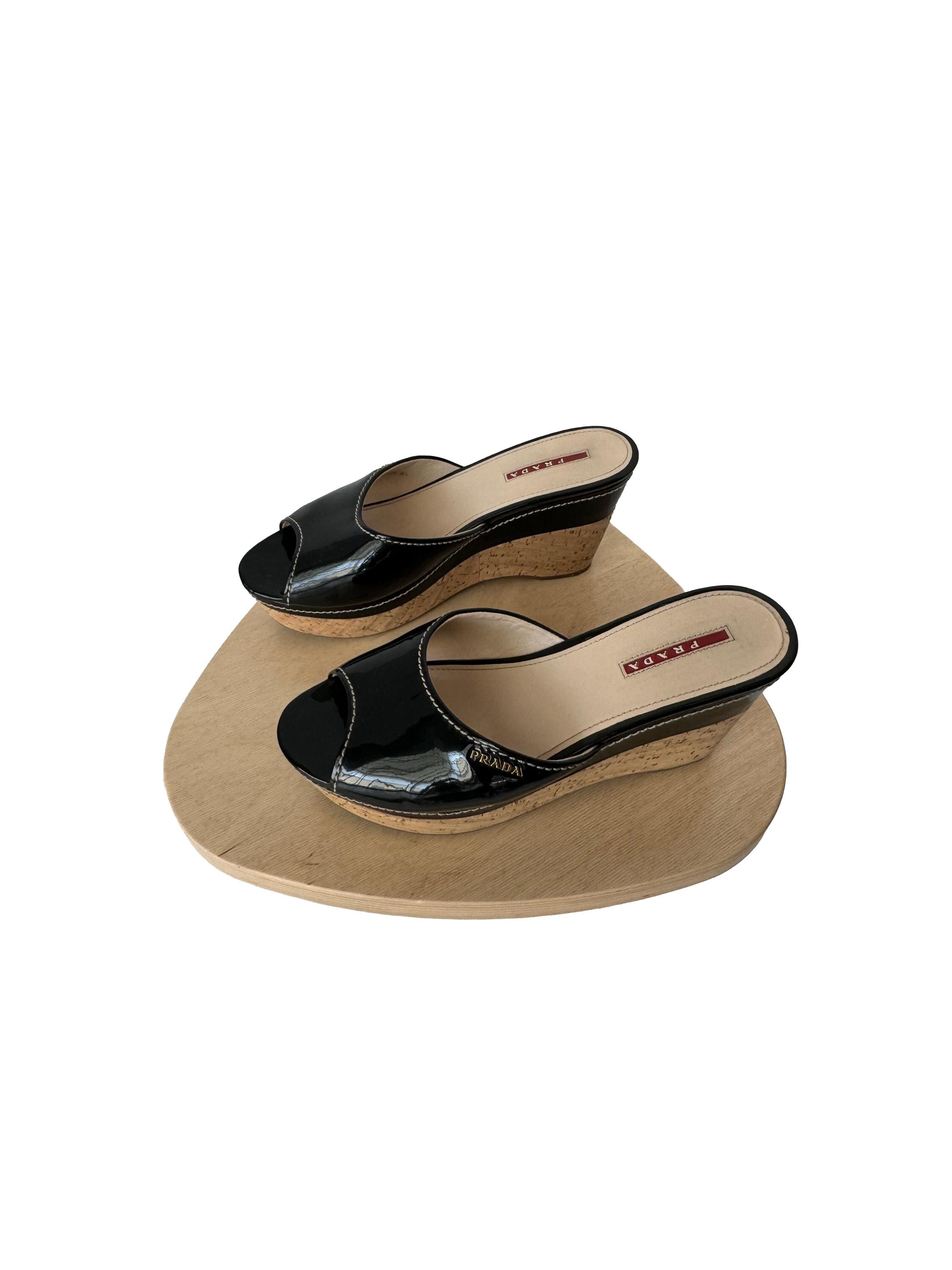 Prada Sport Black Patent Leather Cork Platform Wedge Slide Sandals