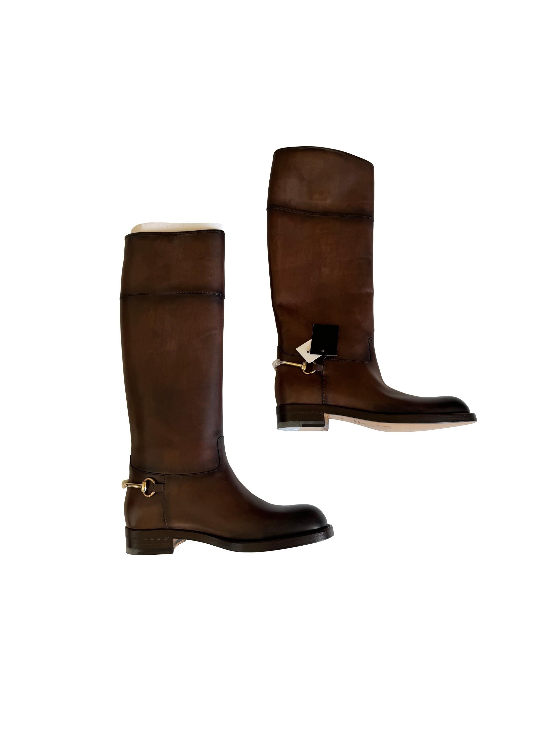 Gucci Horsebit Knee-High Riding Boots Brown