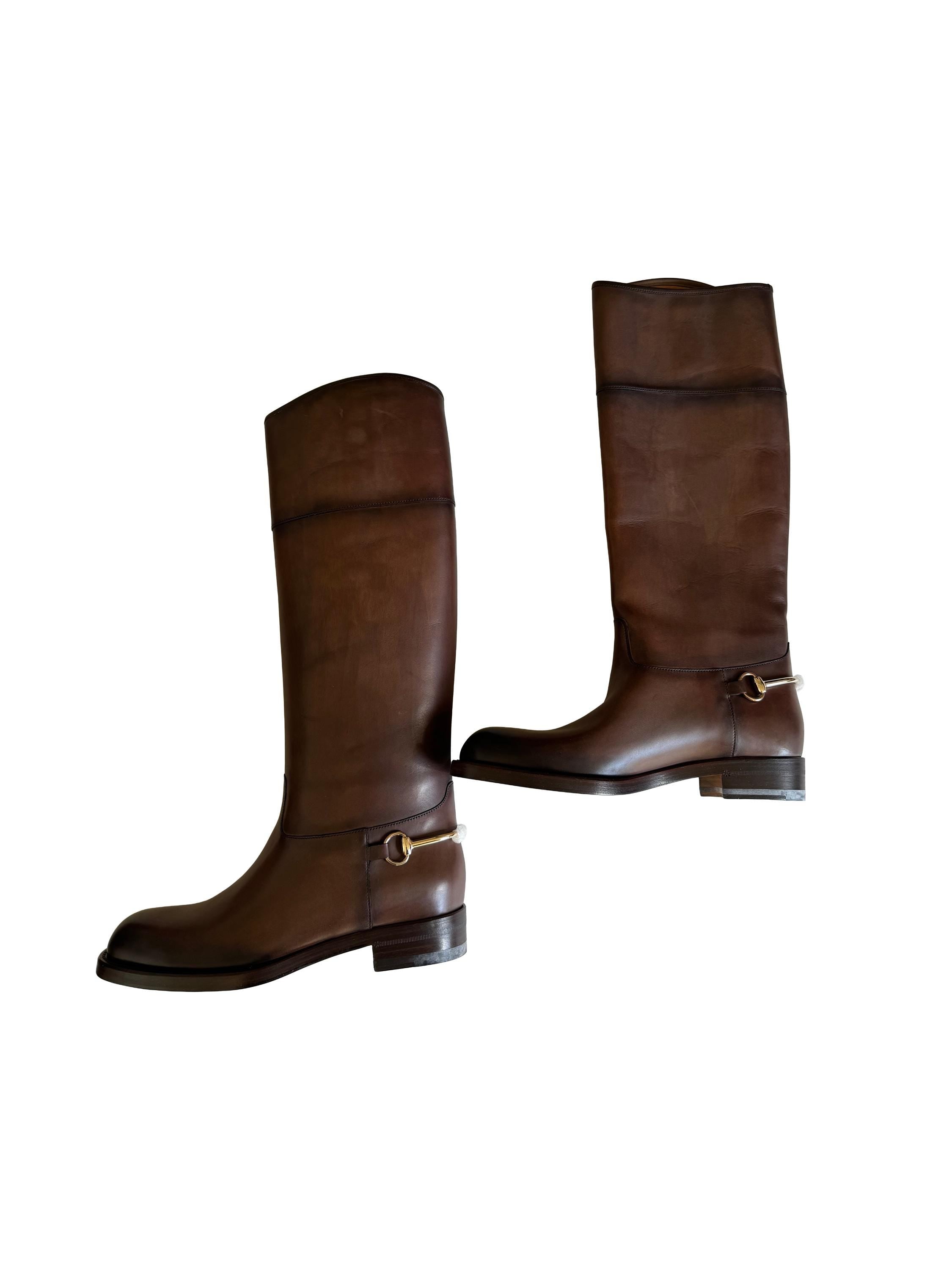 Gucci Horsebit Knee-High Riding Boots Brown